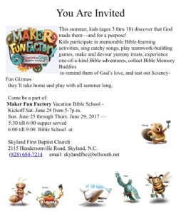 'Maker Fun Factory' Vacation Bible School (3-18yrs) @ Skyland First Baptist Church - Arden | Arden | North Carolina | United States