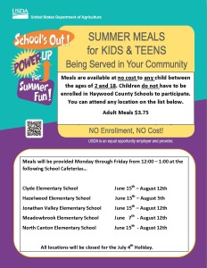 FREE Summer Meal Program in Haywood County (2-18yrs) @ various Elementary Schools in Haywood County