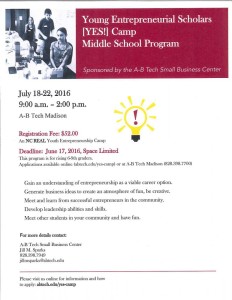 Young Entrepreneurial Scholars (YES!) Summer Camp (6th-9th Grade) @ A-B Tech Madison | Marshall | North Carolina | United States