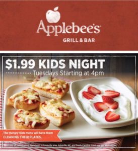 $1.99 Kids Night @ all area Asheville Applebee's Restaurants