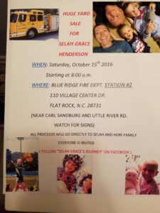 Huge Yard Sale for Selah Grace Henderson @ Blue Ridge Fire Department Station #2 | Flat Rock | North Carolina | United States