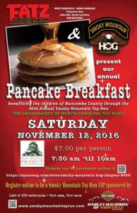 Pancake Breakfast, benefiting the children of Buncombe County through the 36th Annual Smoky Mountain Toy Run @ Fatz Cafe of West Asheville/Enka-Candler | Asheville | North Carolina | United States