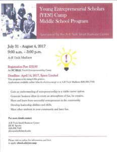 2017 Young Entrepreneurial Scholars (YES!) Camp (Rising 6th-9th Grade) @ A-B Tech Madison | Marshall | North Carolina | United States