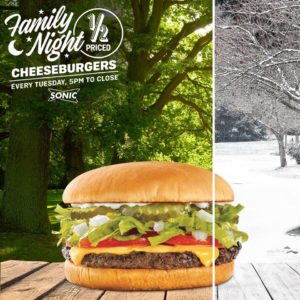 Family Night: 1/2 Price Cheeseburger Tuesday @ all area Sonic Drive-In Restaurants