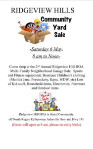 2nd Annual Ridgeview Hills Community Yard Sale @ Ridgeview Hill HOA (a gated community off North Rugby Rd between Asheville Hwy and Hwy 191