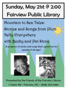 Mountain to Sea Tales: Stories & Songs from Plum Nelly Everywhere with Becky & Pat Stone (all ages) @ Fairview Public Library | Fairview | North Carolina | United States