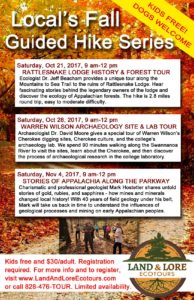 Locals Fall Guided Hike Series @ Archaeology sites at Warren Wilson, the ruins at Rattlesnake Lodge, or geological events along the Blue Ridge Parkway