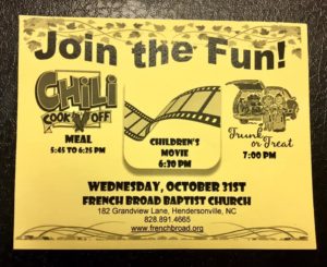 Chili Cookoff Meal, Children's Movie and Trunk or Treat @ French Broad Baptist Church | Hendersonville | North Carolina | United States