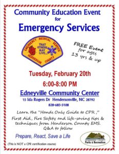 Community Education Event for Emergency Services (13+yrs) @ Edneyville Community Center | Hendersonville | North Carolina | United States