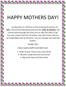 Happy Mothers Day! Mothers Eat FREE! @ Zaxby's of Marion | Marion | North Carolina | United States