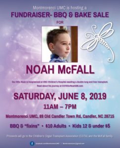 Fundraiser BBQ & Bake Sale for Noah McFall @ Montmorenci United Methodist Church | Candler | North Carolina | United States