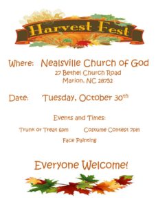 Harvest Fest & Trunk or Treat @ Nealsville Church of God | Marion | North Carolina | United States