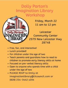 Dolly Parton's Imagination Library Workshop (children under 2) @ Leicester Community Center