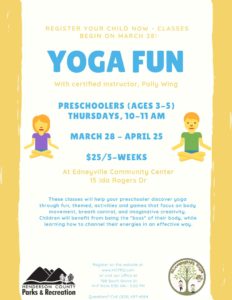 Preschooler Yoga Fun with Certified Instructor Polly Wing (3-5yrs) @ Edneyville Community Center