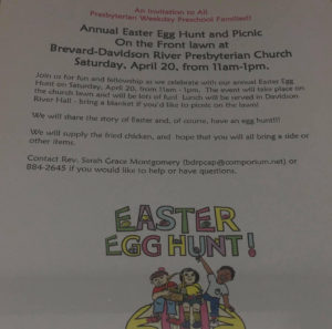 Annual Easter Egg Hunt and Picnic @ Brevard-Davidson River Presbyterian Church