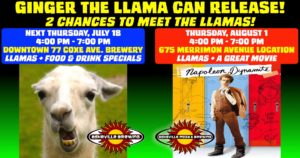 Ginger the Llama Can Release Parties ~ Hang out with Llamas! @ Asheville Pizza & Brewing Co. (see description for location)