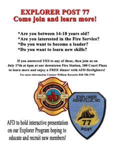 Interactive Presentation of the Explorer Program (Teens 14-18yrs) @ Asheville Fire Department Downtown 